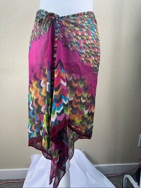 Gottex 100% Silk Pareo Swim Cover-Up | Geometric Art Deco Chevron Print OS